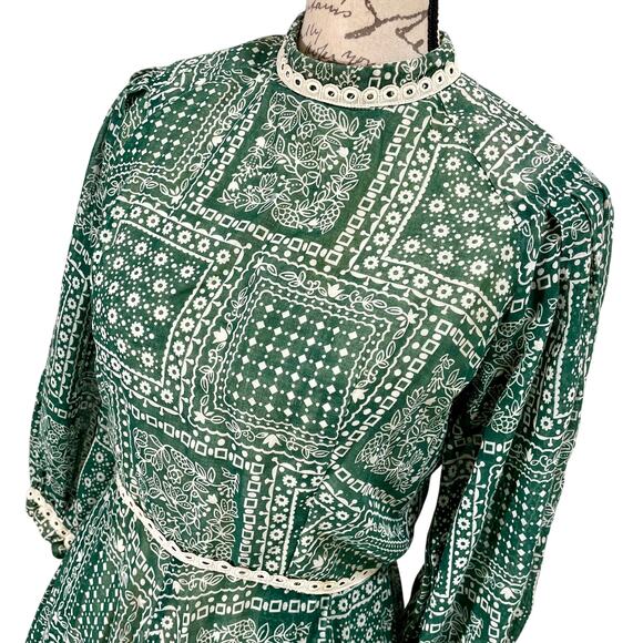 Vintage 70s Susan Small Boho Green Floral Patchwork Print Maxi Prairie Dress - Picture 3 of 15